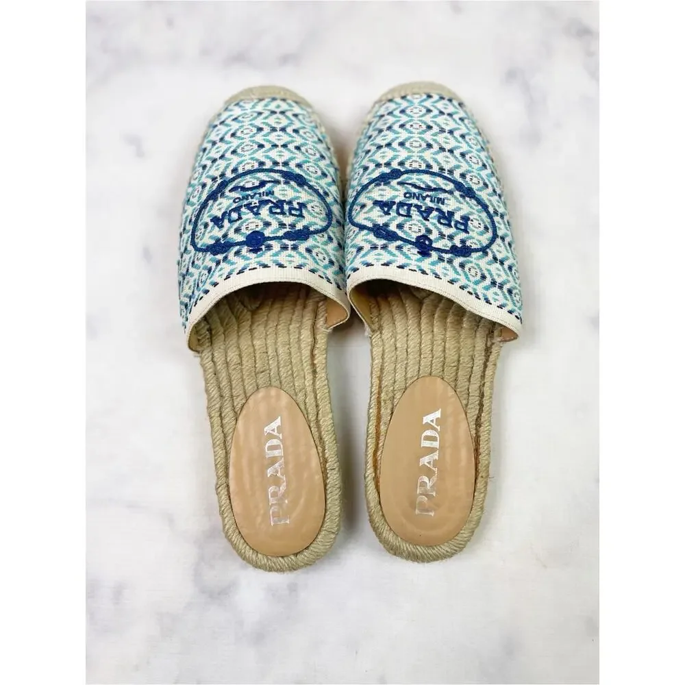 PRADA Nastro Embroidered Logo Jacquard Canvas Espadrille Mules Slip-On Sz 39 / 9